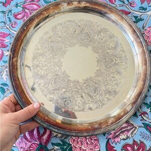 Engraved Decorative Silverplate Serving Tray - Ornate Center Design